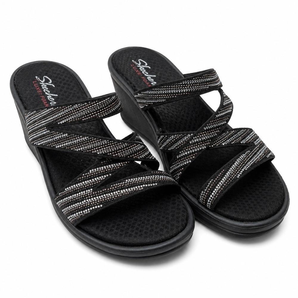 SKECHERS "Rumblers" Mega Flash Rhinestone Strappy Sandal Sz 10 Black Memory Foam